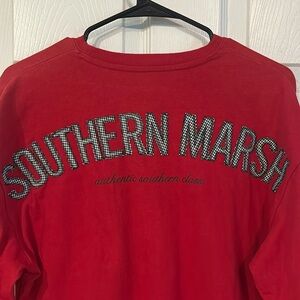 Women’s southern marsh red, black and white long sleeve shirt
